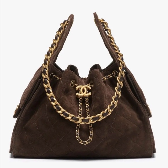 CHANEL Handbags - CHANEL Brown Quilted Suede Shoulder Bag with Gold Chain